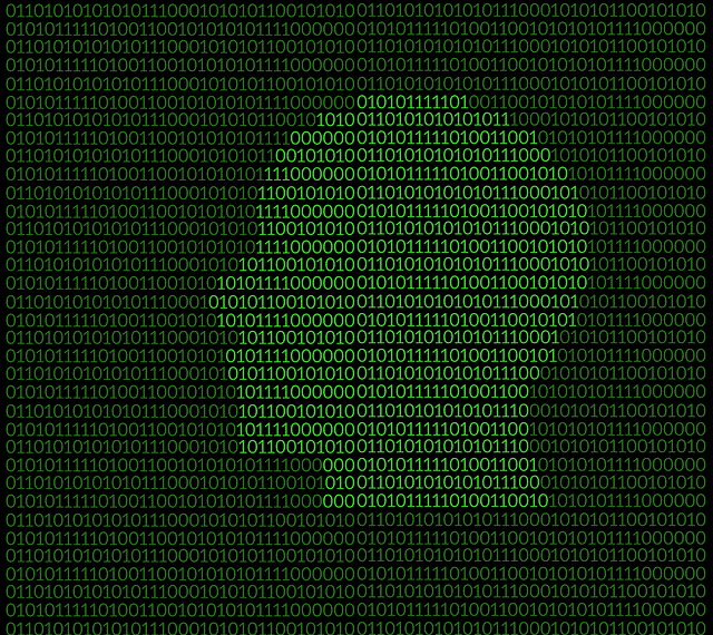 Matrix code raining down in green characters on black background