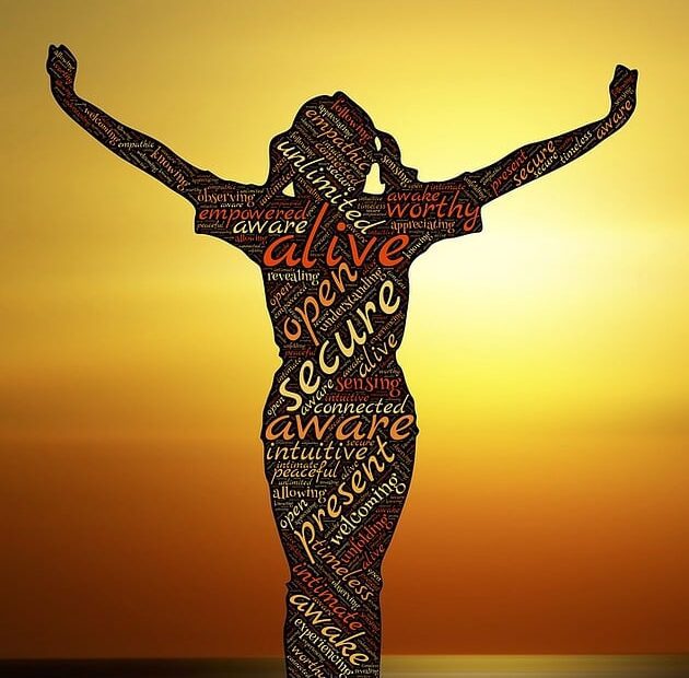 Animated image of a woman filled with positive words: secure, alive, open, present, awake - related to the spiritual awakening topic