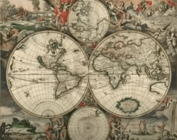 Old world map depicting flat earth and time-zones