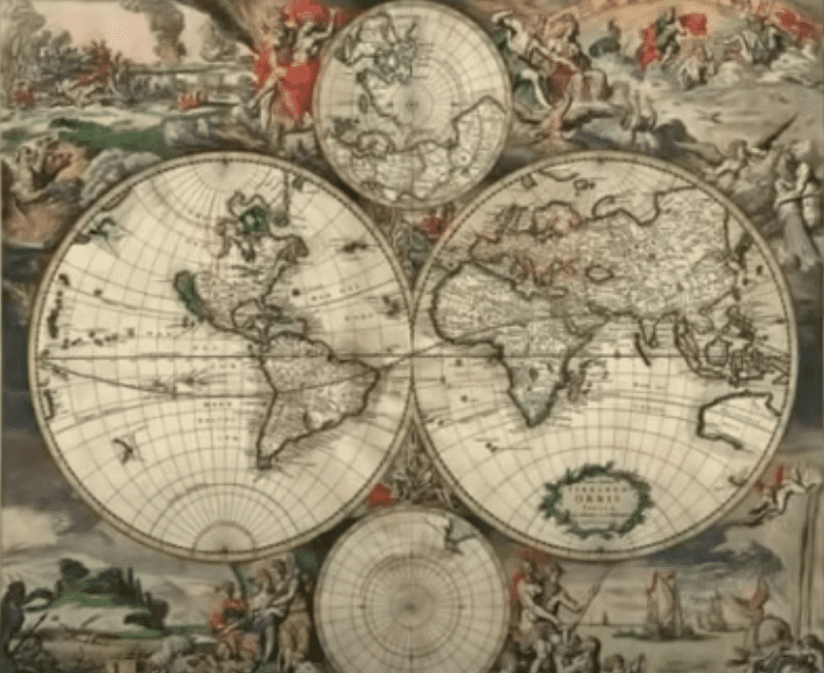 Old world map depicting flat earth and time-zones