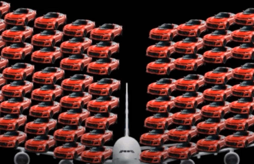 Image of a plane with multiple cars on each wing, representing a question about jet engines running on compressed air.