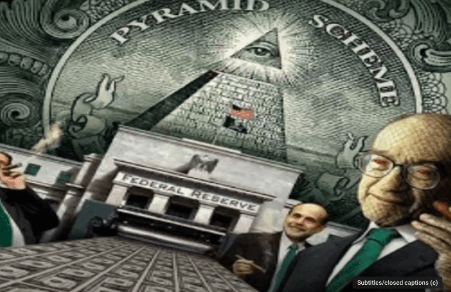 Illuminati bankers in suits under the all-seeing eye symbol.