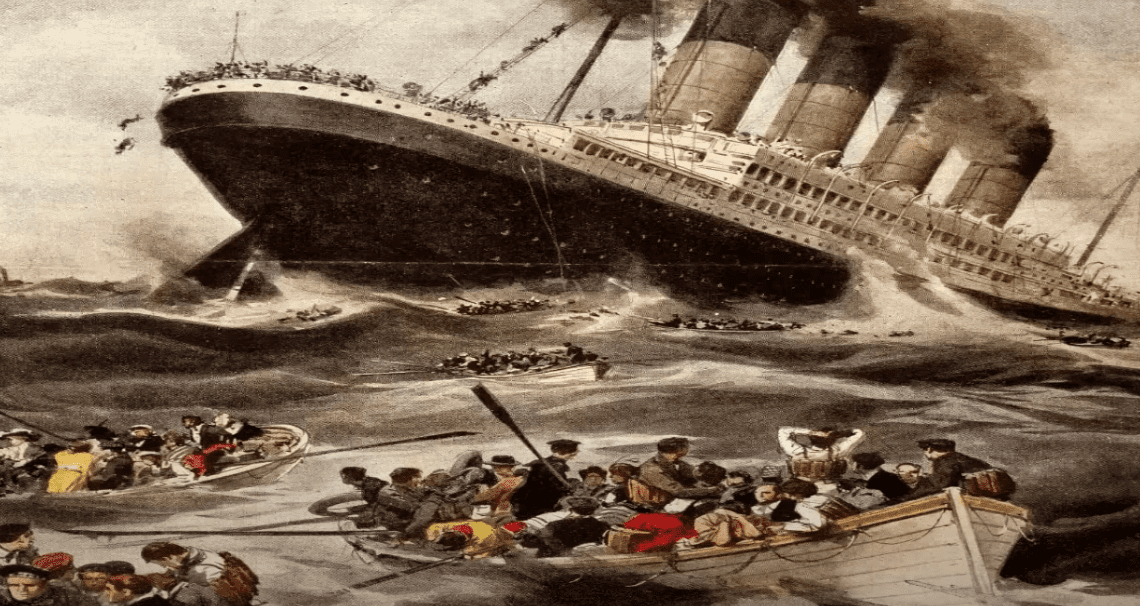 Animated image of the sinking of the Lusitania ship during World War One.