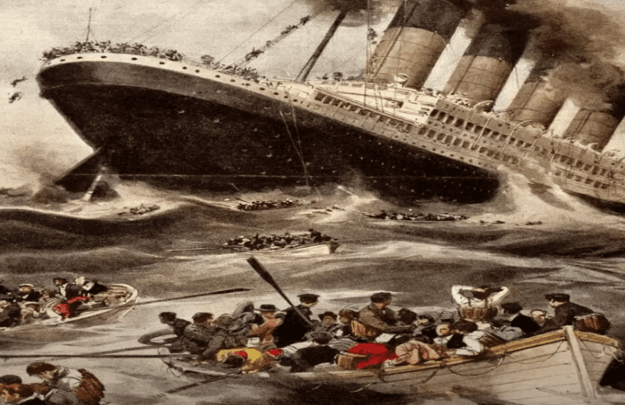 Animated image of the sinking of the Lusitania ship during World War One.