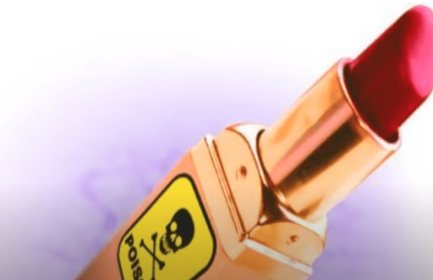 Cosmetics and cancer, red lipstick, poison warning sticker