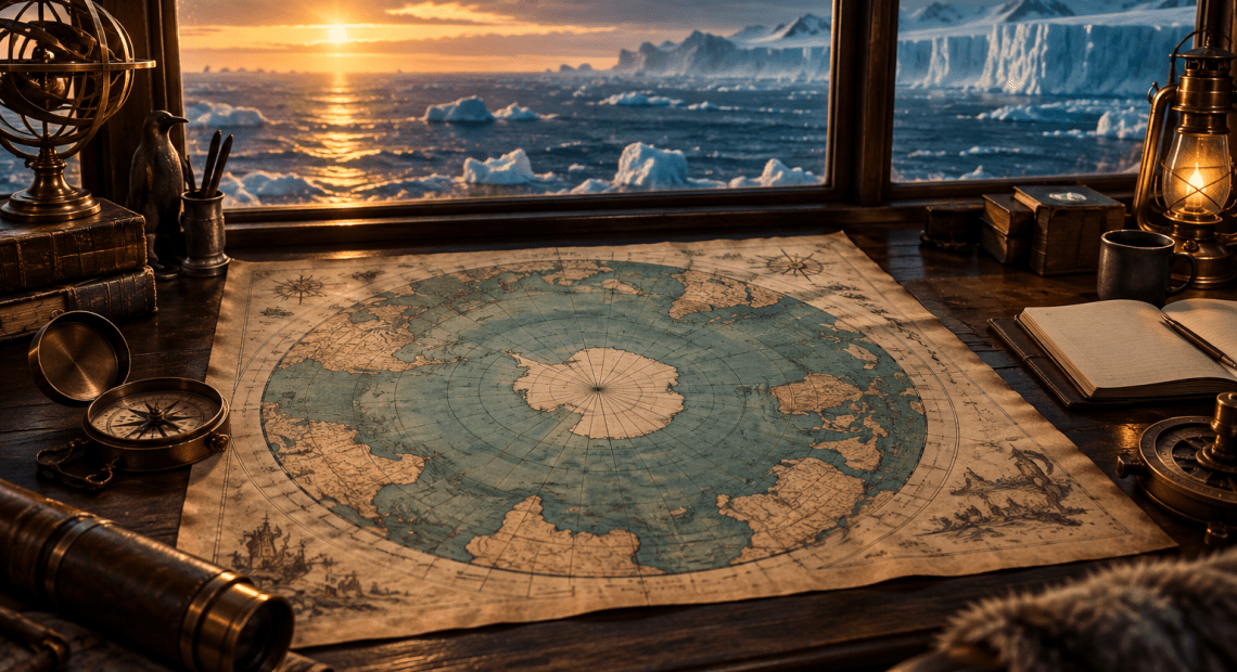 Symbolic illustration of an antique circular paper map and compass beside a window overlooking polar ice.