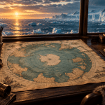 Symbolic illustration of an antique circular paper map and compass beside a window overlooking polar ice.