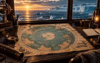 Symbolic illustration of an antique circular paper map and compass beside a window overlooking polar ice.