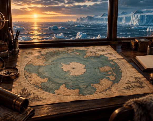 Symbolic illustration of an antique circular paper map and compass beside a window overlooking polar ice.