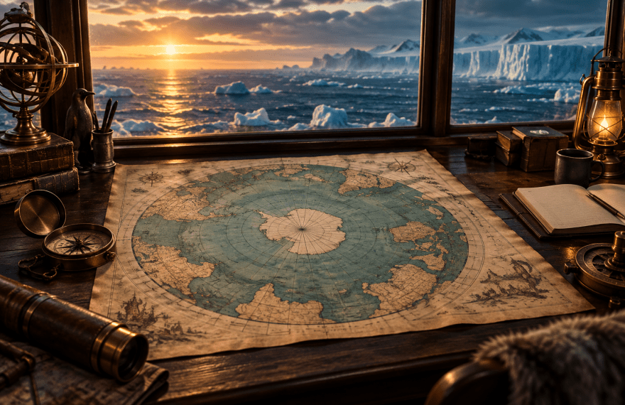 Symbolic illustration of an antique circular paper map and compass beside a window overlooking polar ice.
