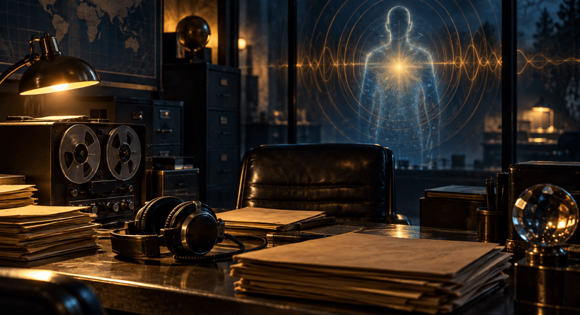 Conceptual illustration of an archival research desk, headphones, and a luminous silhouette representing consciousness.