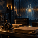 Conceptual illustration of an archival research desk, headphones, and a luminous silhouette representing consciousness.
