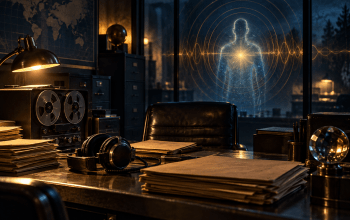 Conceptual illustration of an archival research desk, headphones, and a luminous silhouette representing consciousness.