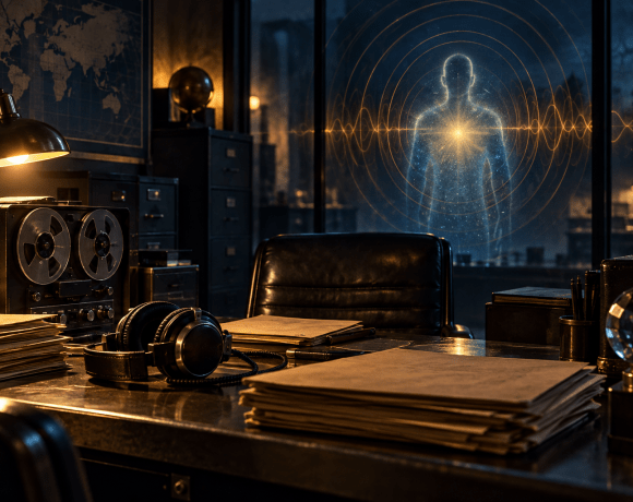 Conceptual illustration of an archival research desk, headphones, and a luminous silhouette representing consciousness.
