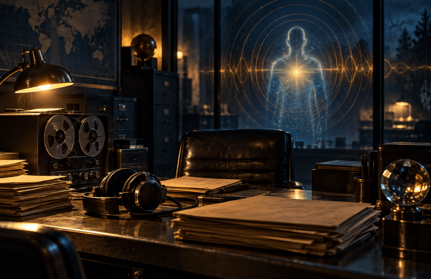 Conceptual illustration of an archival research desk, headphones, and a luminous silhouette representing consciousness.
