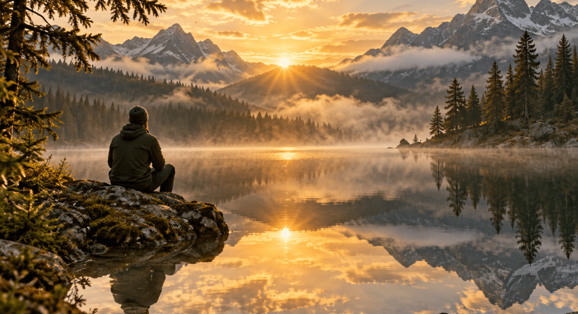 A person quietly observing sunrise beside a still mountain lake, an illustration of spiritual reflection.