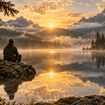 A person quietly observing sunrise beside a still mountain lake, an illustration of spiritual reflection.