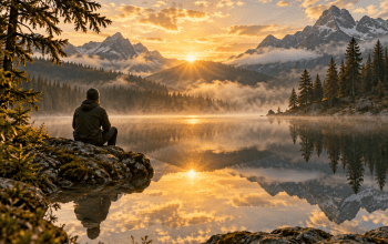 A person quietly observing sunrise beside a still mountain lake, an illustration of spiritual reflection.