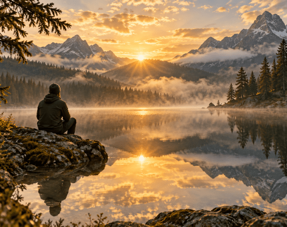 A person quietly observing sunrise beside a still mountain lake, an illustration of spiritual reflection.