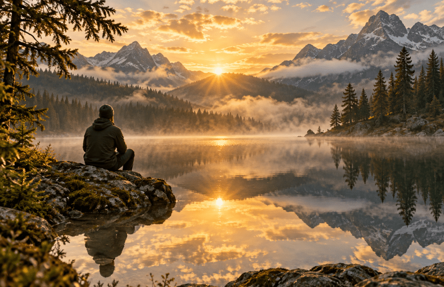 A person quietly observing sunrise beside a still mountain lake, an illustration of spiritual reflection.