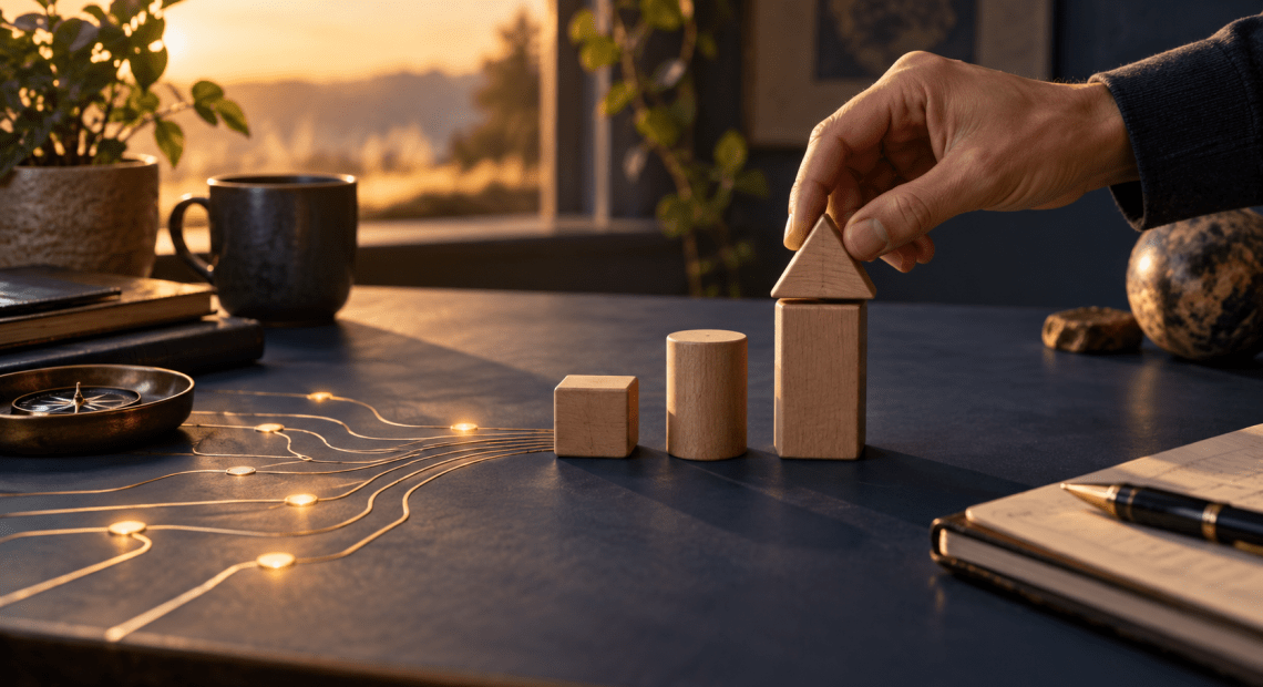 Hand arranging wooden shapes beside a glowing circuit motif on a desk