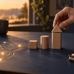 Hand arranging wooden shapes beside a glowing circuit motif on a desk