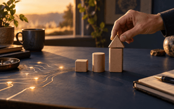 Hand arranging wooden shapes beside a glowing circuit motif on a desk