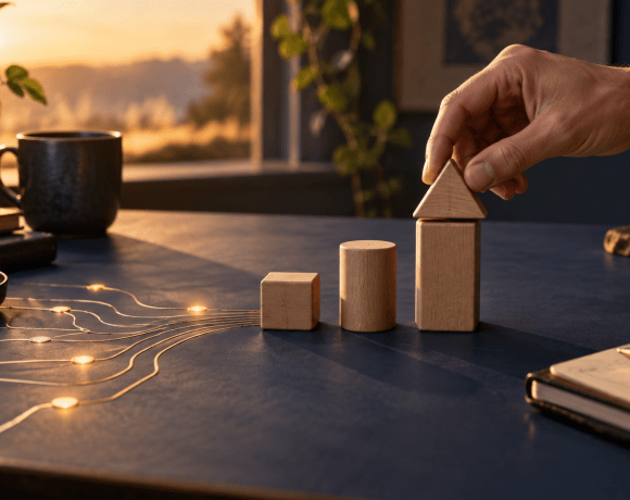 Hand arranging wooden shapes beside a glowing circuit motif on a desk