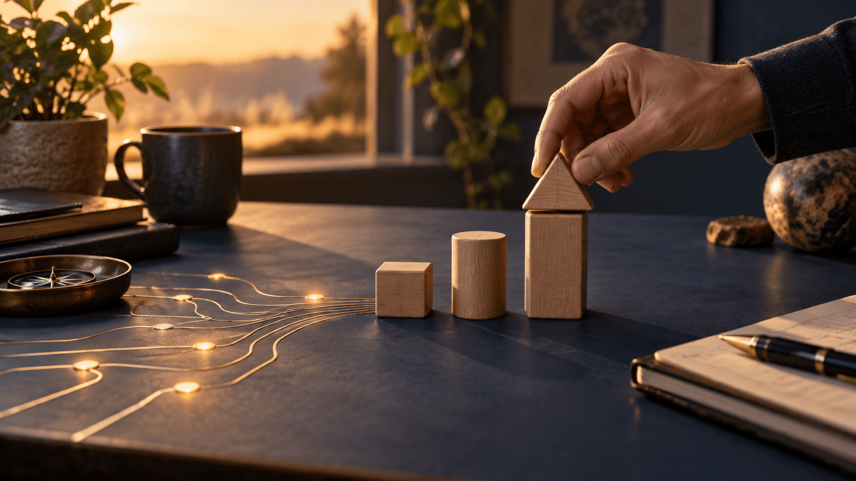 Hand arranging wooden shapes beside a glowing circuit motif on a desk