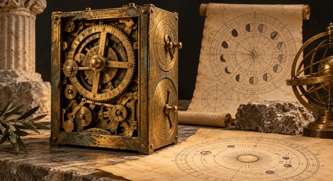 Interpretive illustration of a bronze geared astronomical device with circular sky diagrams