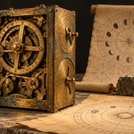 Interpretive illustration of a bronze geared astronomical device with circular sky diagrams