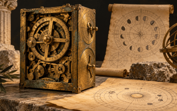 Interpretive illustration of a bronze geared astronomical device with circular sky diagrams