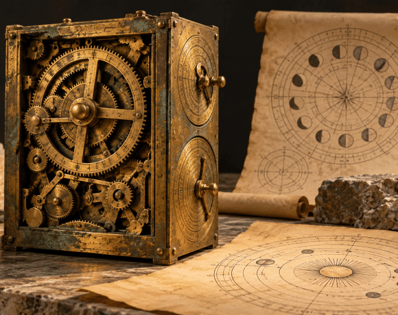 Interpretive illustration of a bronze geared astronomical device with circular sky diagrams