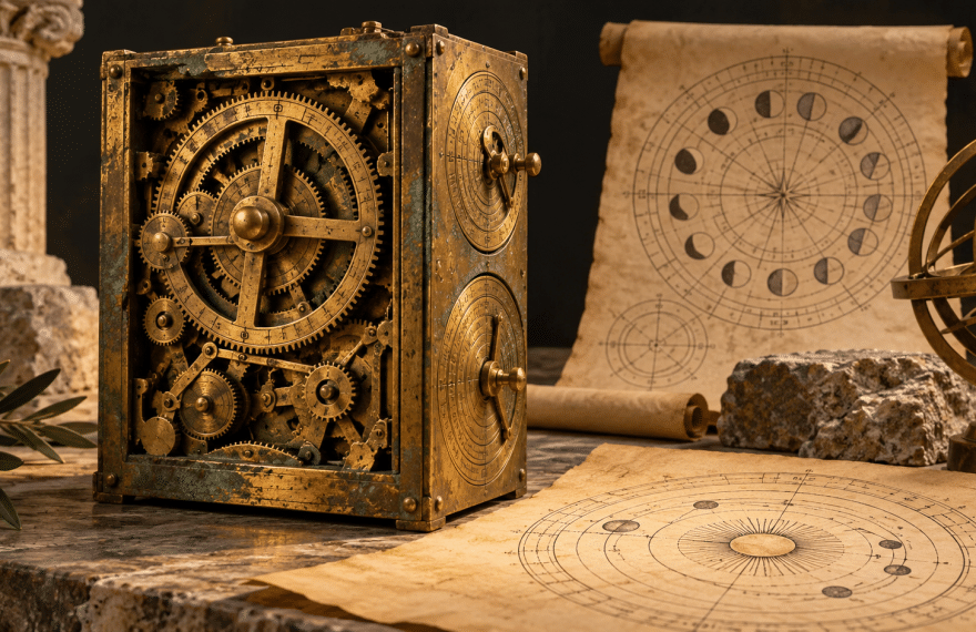 Interpretive illustration of a bronze geared astronomical device with circular sky diagrams