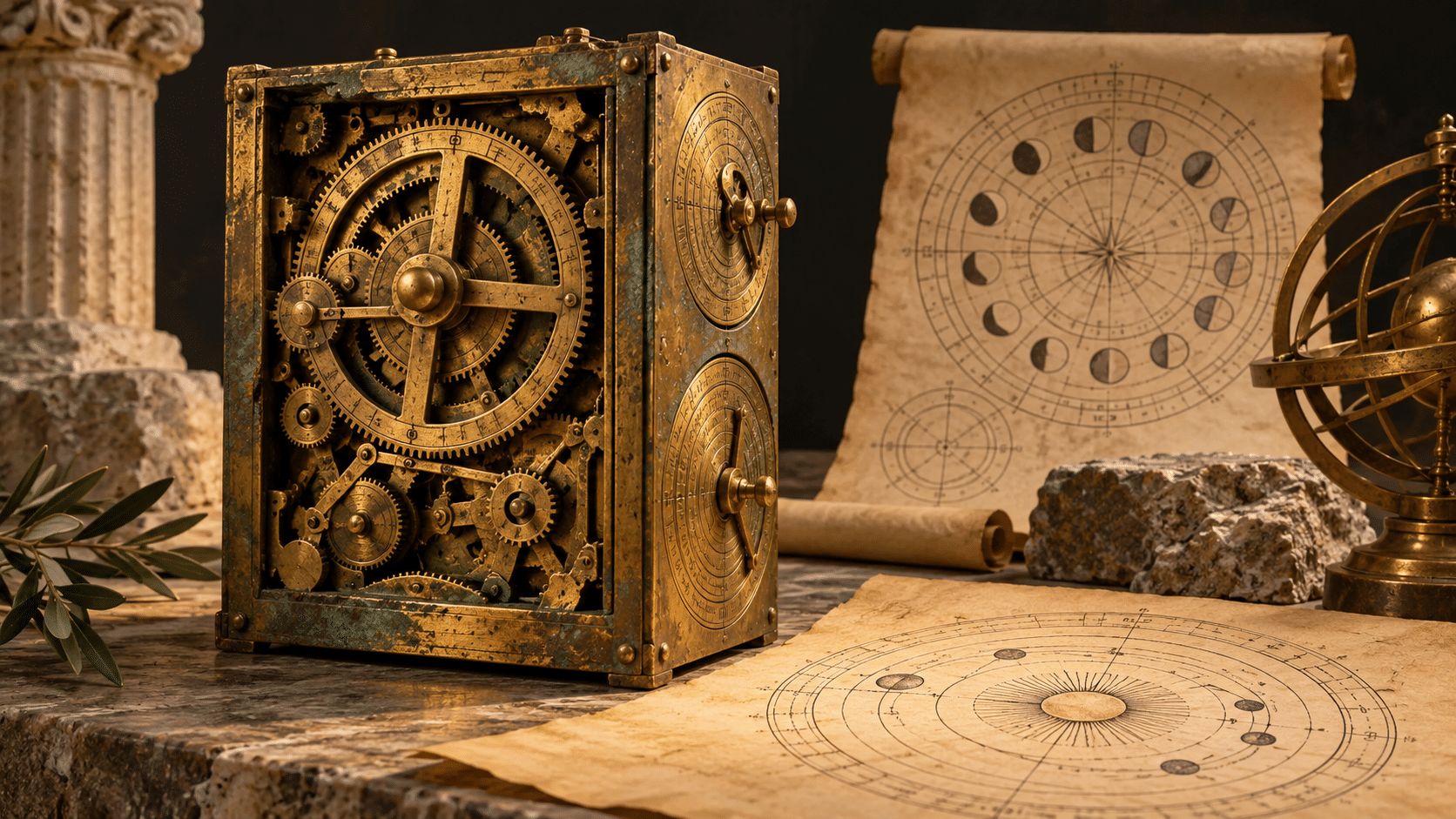 Interpretive illustration of a bronze geared astronomical device with circular sky diagrams