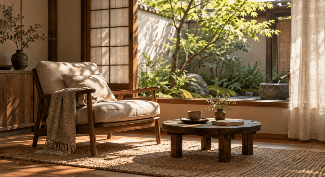 A comfortable chair and a cup of tea beside a window overlooking a quiet garden.