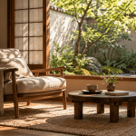 A comfortable chair and a cup of tea beside a window overlooking a quiet garden.