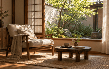 A comfortable chair and a cup of tea beside a window overlooking a quiet garden.