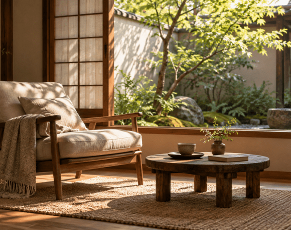 A comfortable chair and a cup of tea beside a window overlooking a quiet garden.