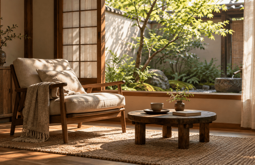 A comfortable chair and a cup of tea beside a window overlooking a quiet garden.