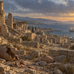 Artist interpretation of an ancient Mediterranean coastal city in ruins