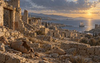 Artist interpretation of an ancient Mediterranean coastal city in ruins