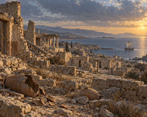Artist interpretation of an ancient Mediterranean coastal city in ruins