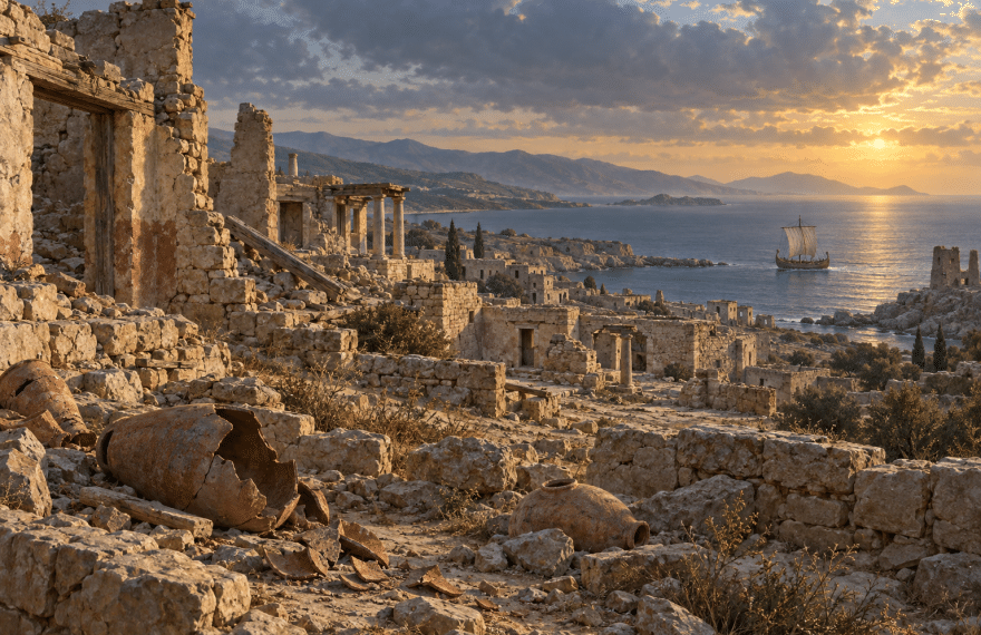 Artist interpretation of an ancient Mediterranean coastal city in ruins