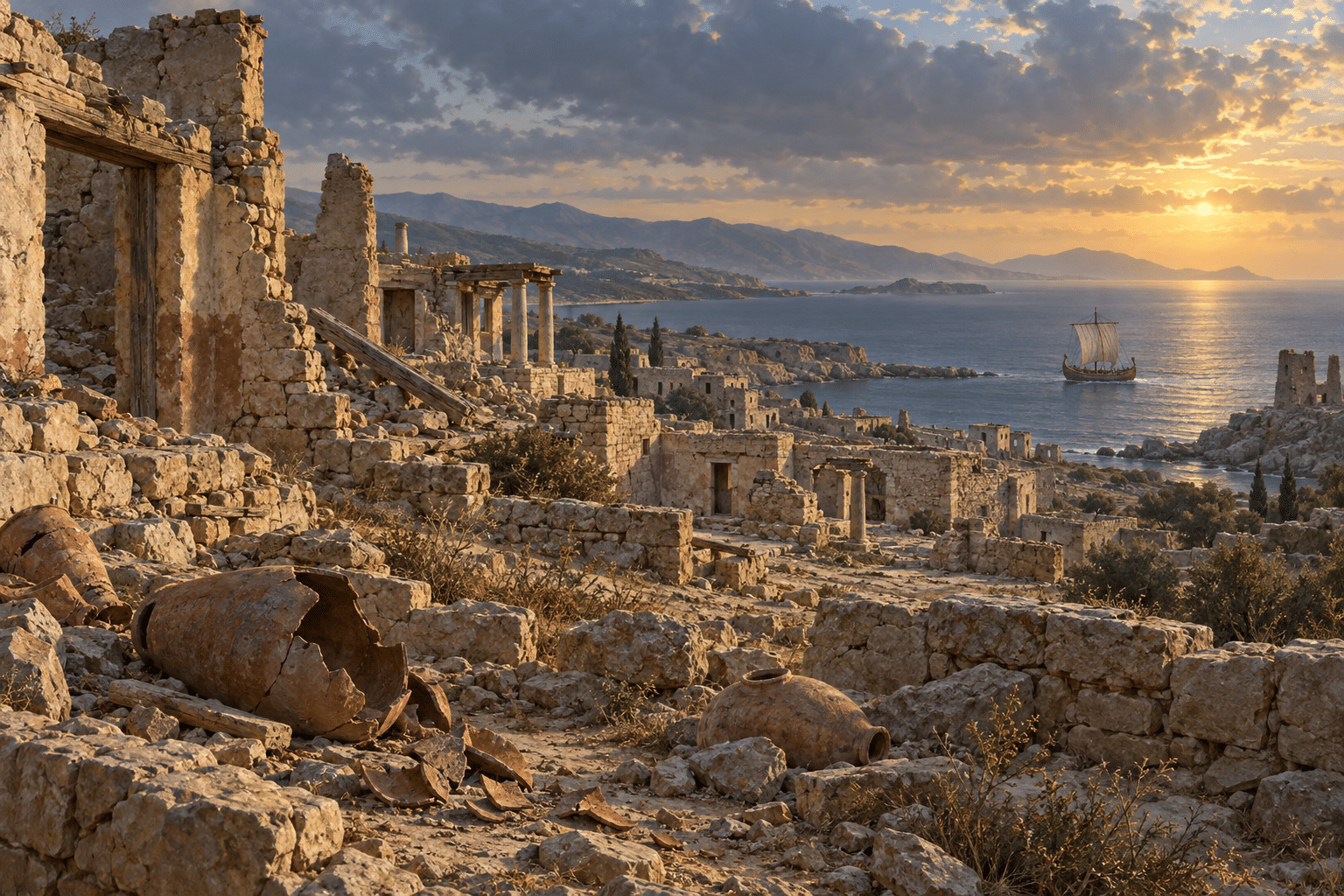 Artist interpretation of an ancient Mediterranean coastal city in ruins