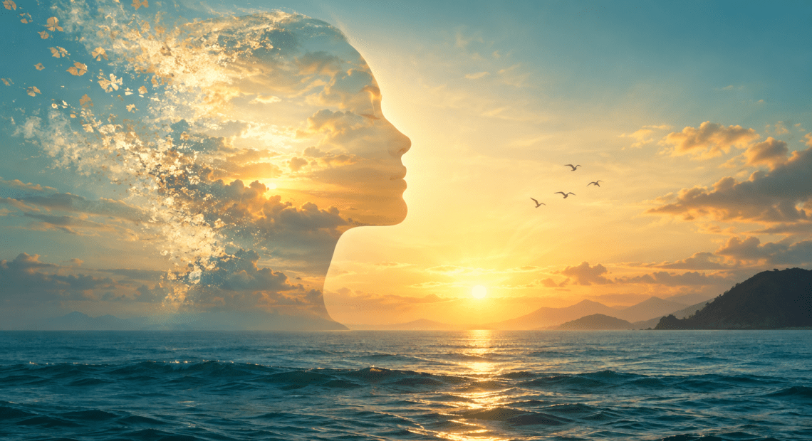 Conceptual human profile blending into golden light above a calm sea