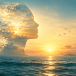 Conceptual human profile blending into golden light above a calm sea