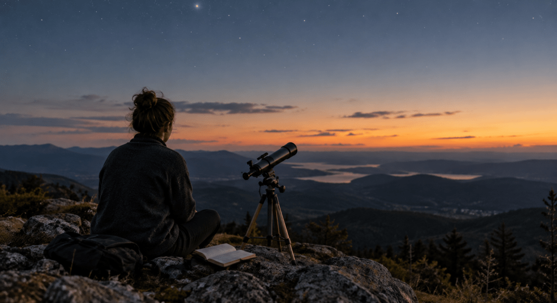 Observer sitting beside a telescope and notebook under an evening sky