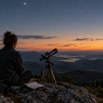 Observer sitting beside a telescope and notebook under an evening sky