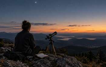 Observer sitting beside a telescope and notebook under an evening sky